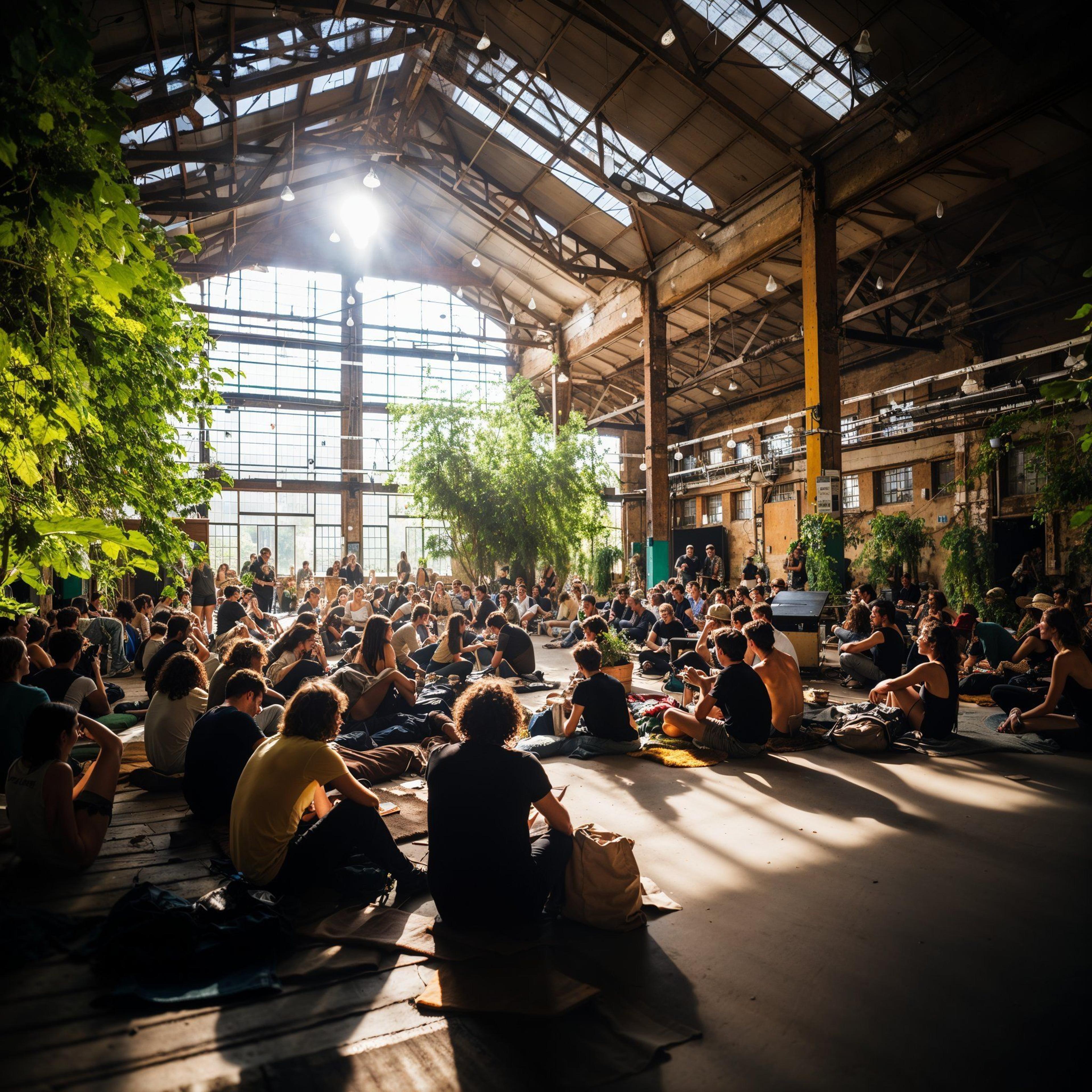 A crowd of people sitting in a circle in an old building with high ceilings